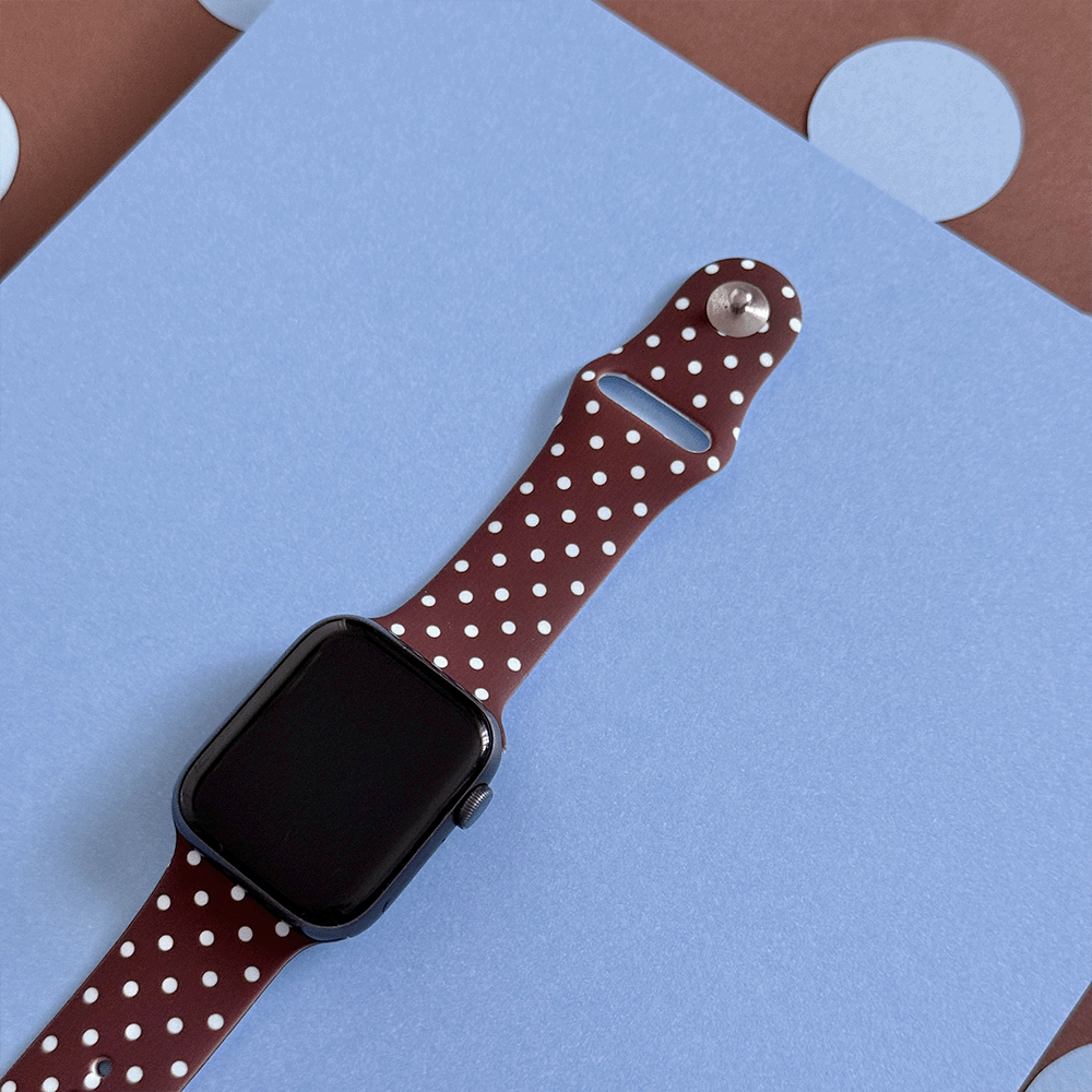 Brown Apple Watch Strap with blue polka dot design