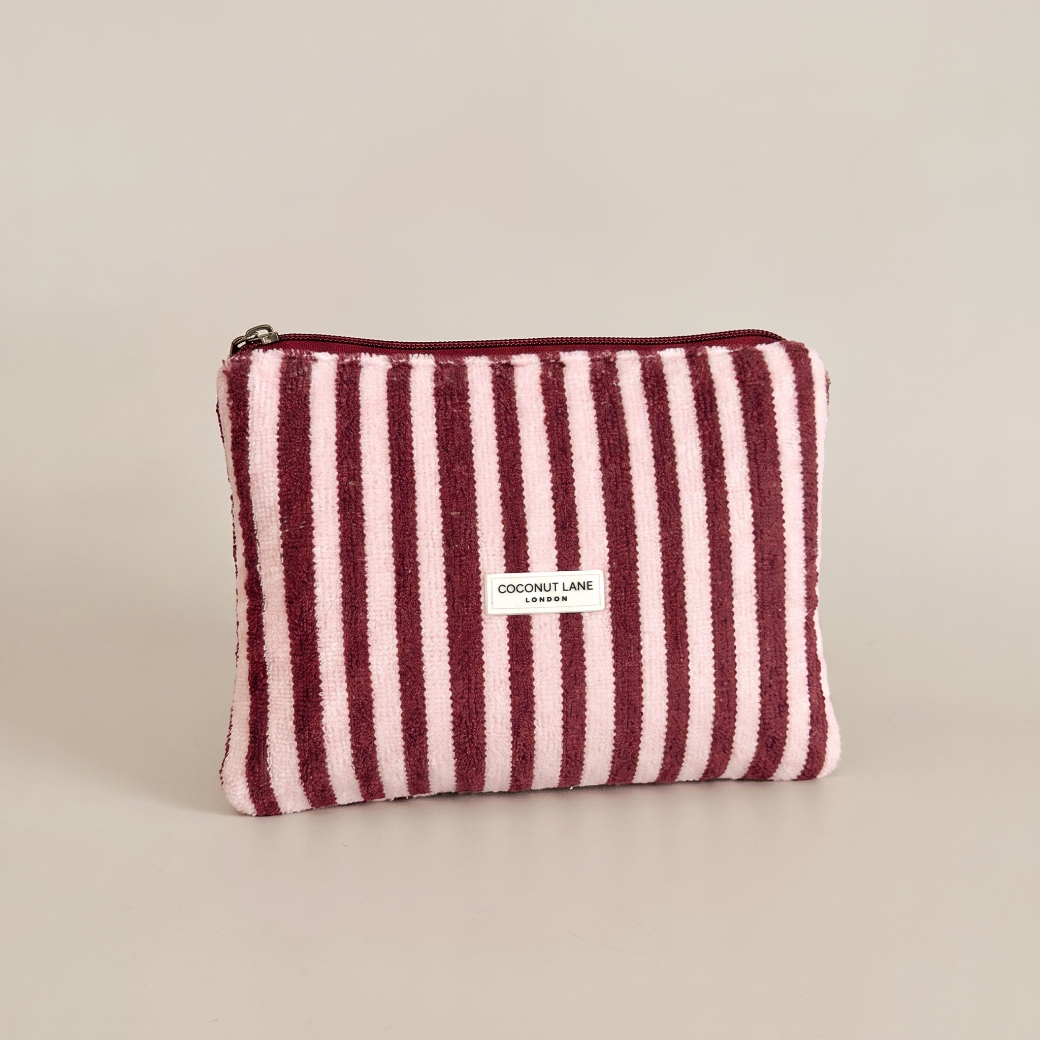 Burgundy and pale pink stripe small Pouch with zip closure.