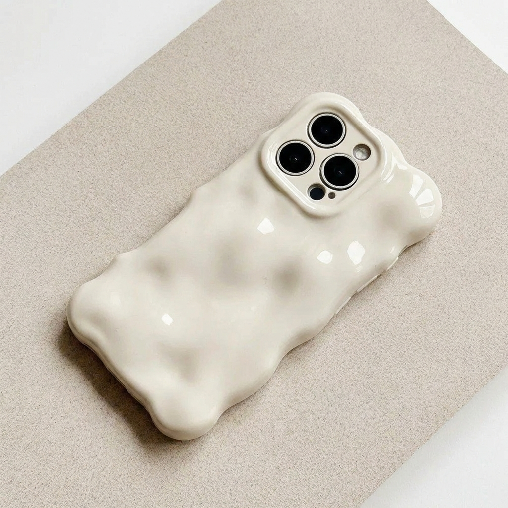 A smartphone with a shiny, cream-colored case featuring a wavy, bumpy texture is placed on a light grey surface. The phone’s camera lenses are visible at the top.