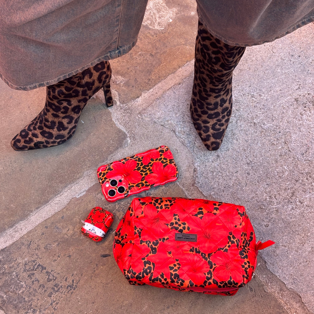 Satin Quilted Makeup Bag - Leopard Hibiscus