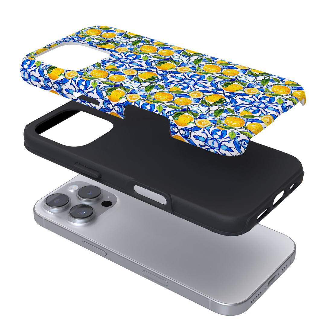 Expanded view of a phone case with a lemon pattern on a white background