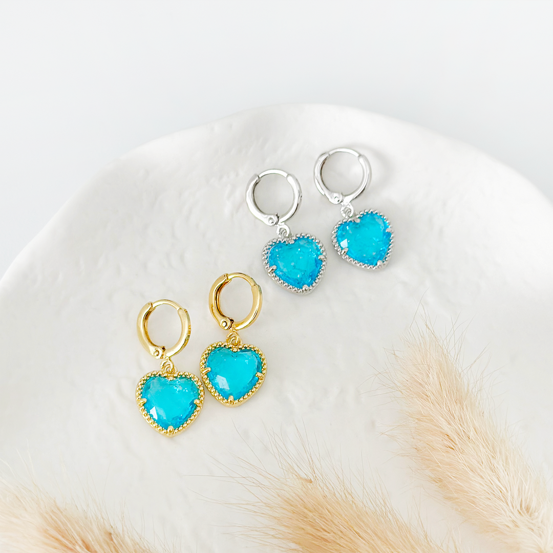 Crystal Heart Huggie Hoop Earrings - Blue