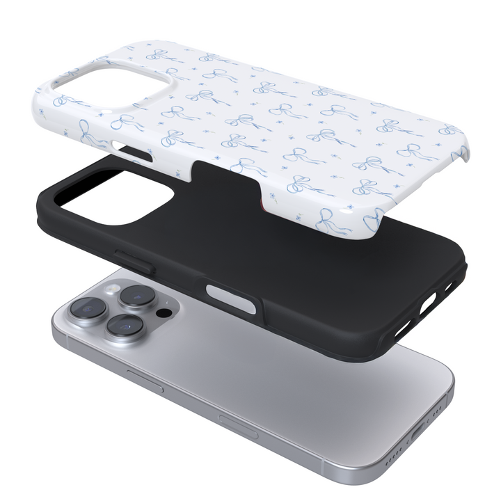 Expanded view of a phone case with a blue bow pattern on a white background