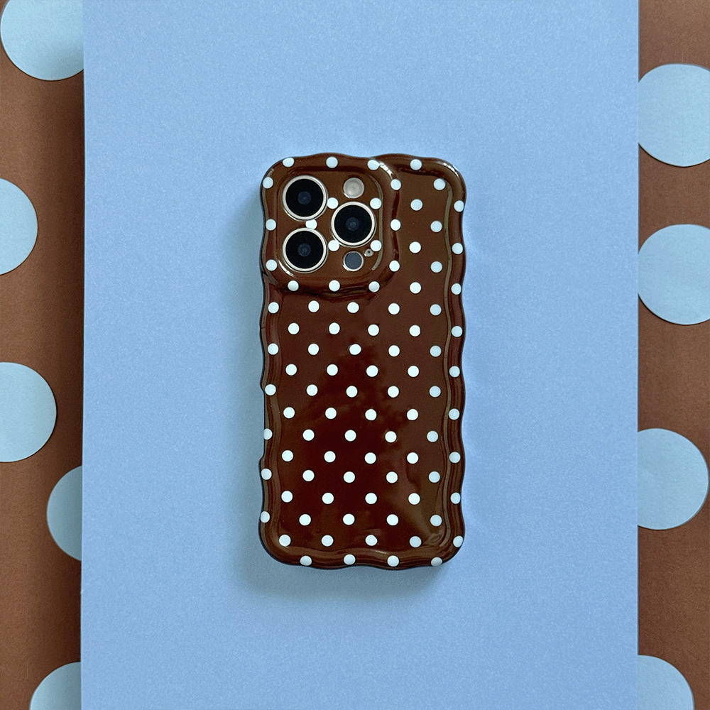 Brown Phone Case with blue polka dot design.