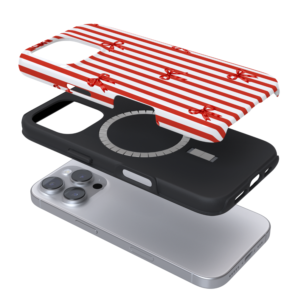 Red and white candy cane stripes with red bows.
