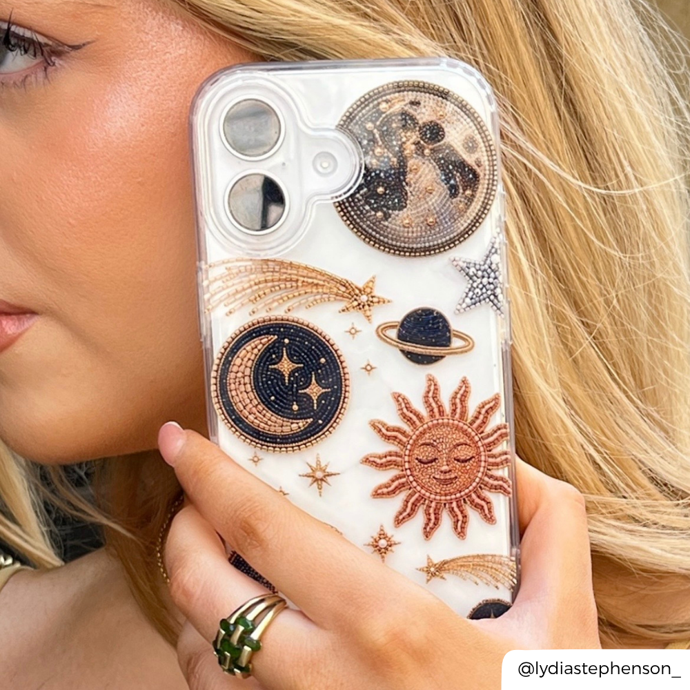 Girl on the phone showing her celestial after dark phone case