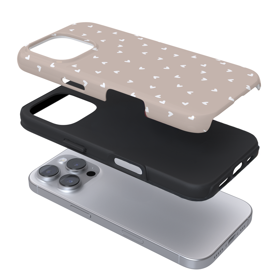 Expanded view of a phone case with a beige heart pattern on a white background
