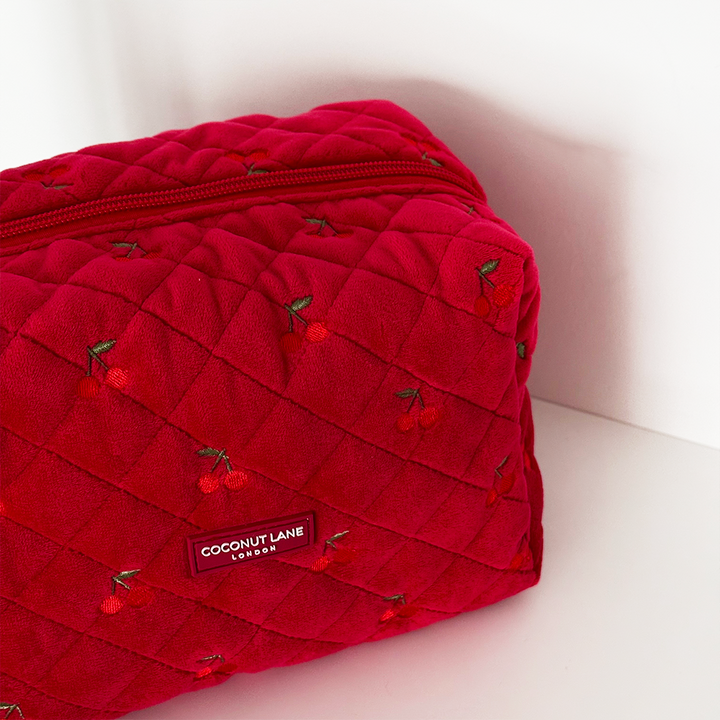 Quilted Cherry Velvet Makeup Bag