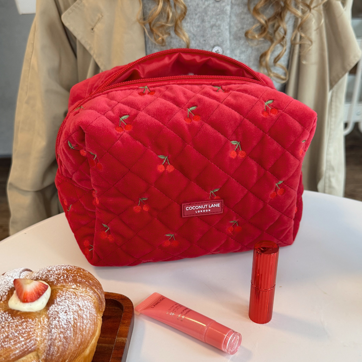 Quilted Cherry Velvet Makeup Bag