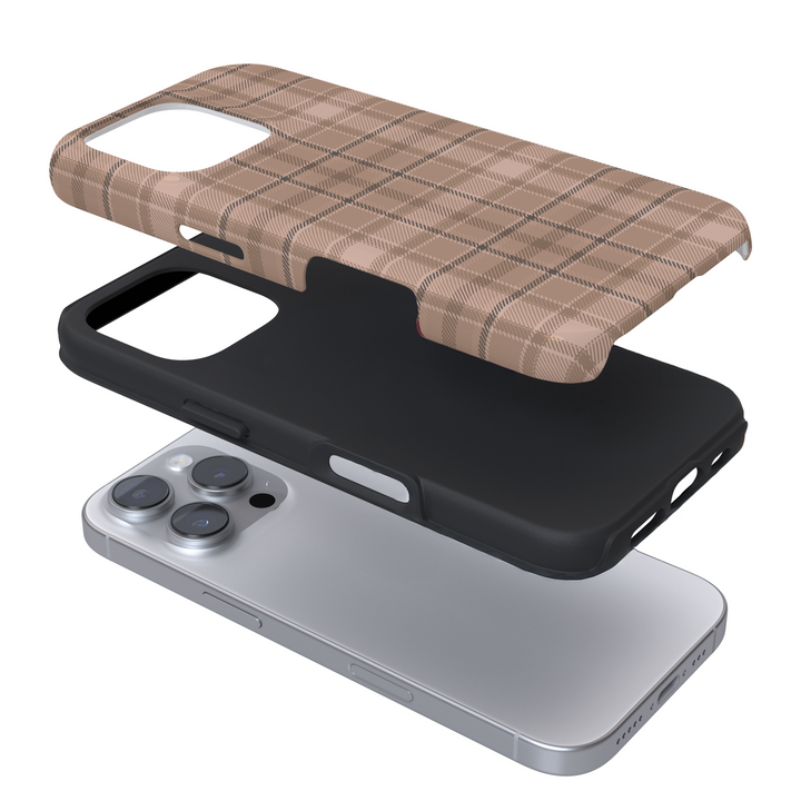 Expanded view of a phone case with a neutral plaid pattern on a white background