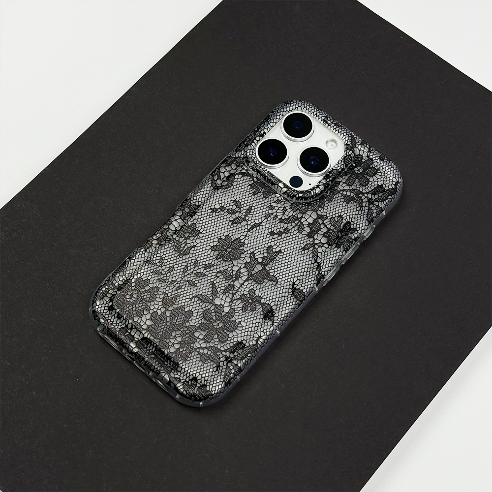 Clear Phone Case with lace detailing on a black background.