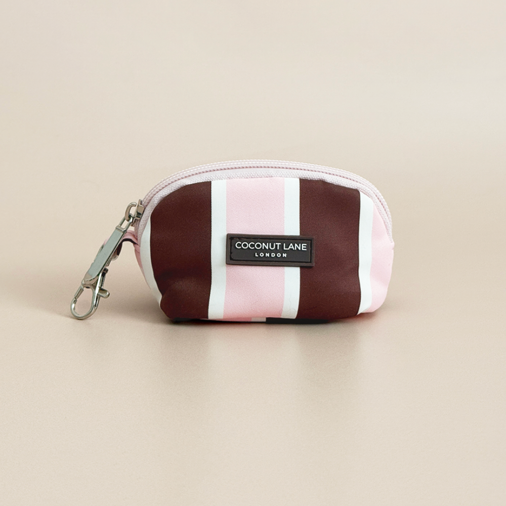Coconut Lane Cocoa & Pink Stripe mini keyring bag featuring chocolate brown, baby pink and white stripes with silver clip and zip fastening.