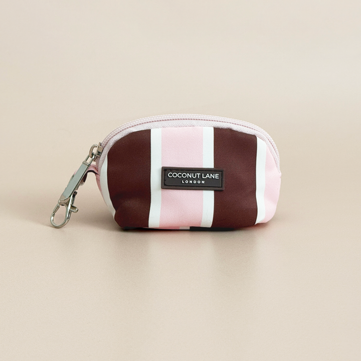 Coconut Lane Cocoa & Pink Stripe mini keyring bag featuring chocolate brown, baby pink and white stripes with silver clip and zip fastening.