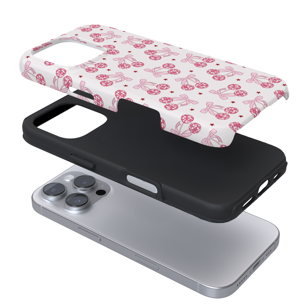 Expanded view of a pink phone case with a disco cherry pattern on a white background