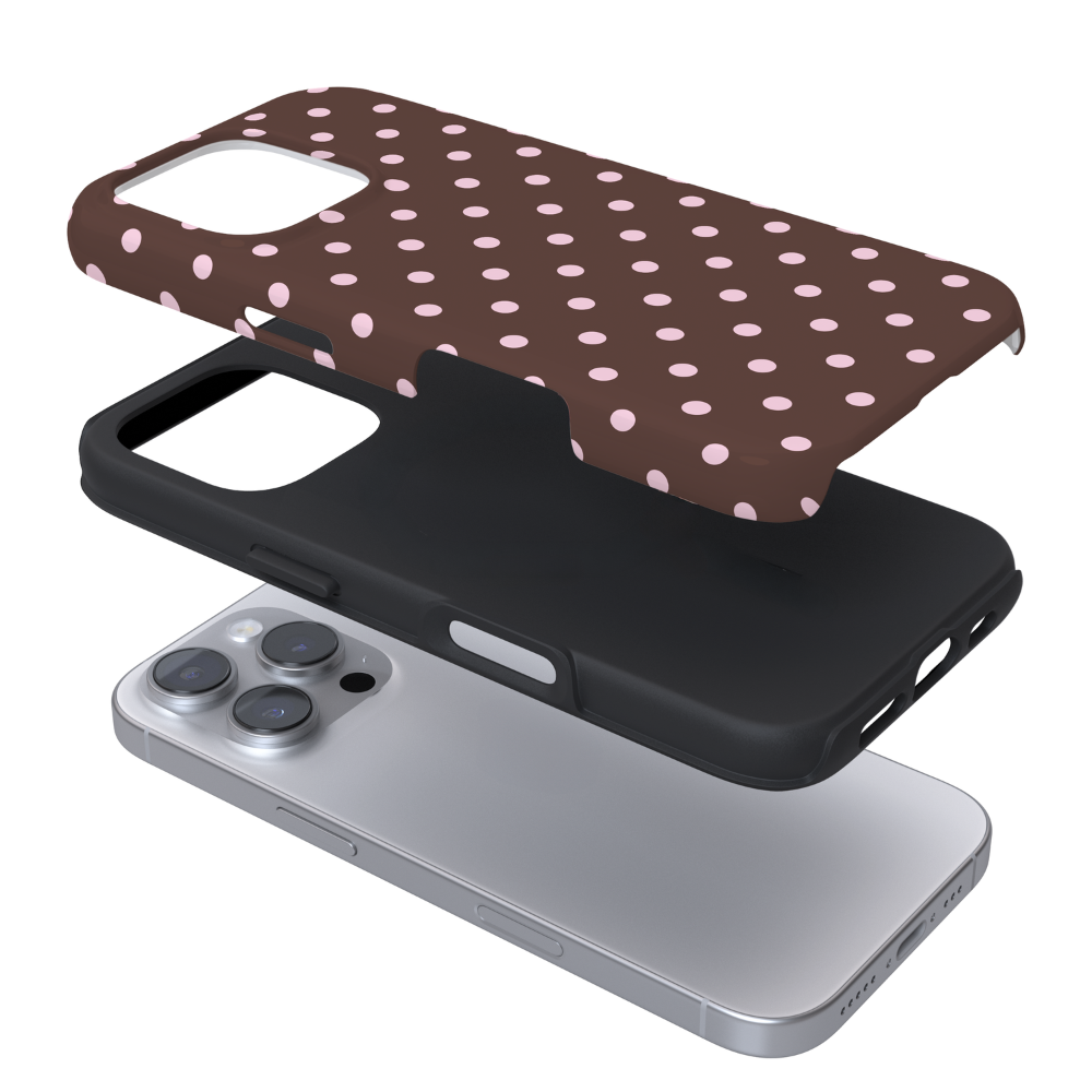 Exploded view of a phone case with a brown and pink polka dot pattern on a white background.