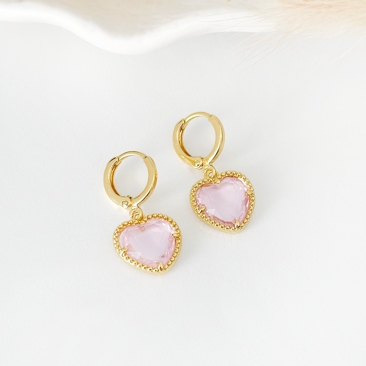 Crystal Heart Huggie Hoop Earrings - Pink