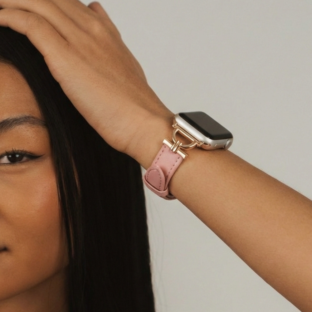 Leather Powder Pink watch strap on girls wrist 