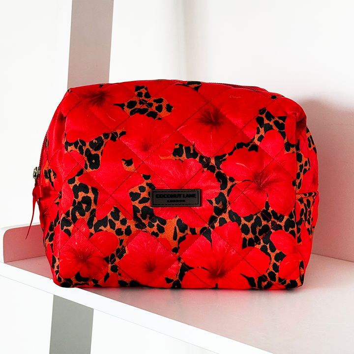 Satin Quilted Makeup Bag - Leopard Hibiscus