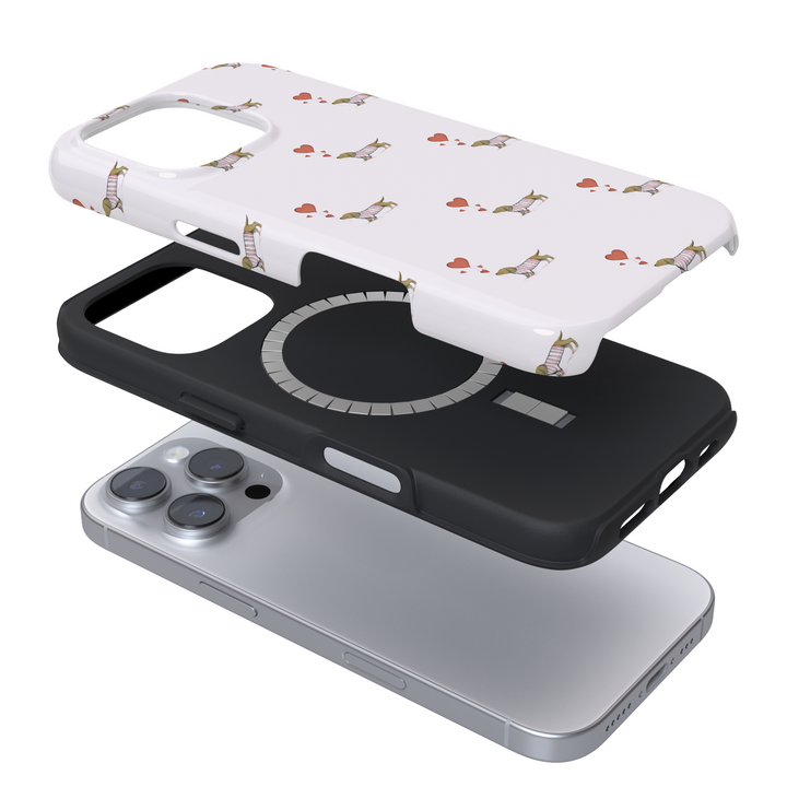 Expanded Magsafe phone case with Dachshunds and hearts on a white background