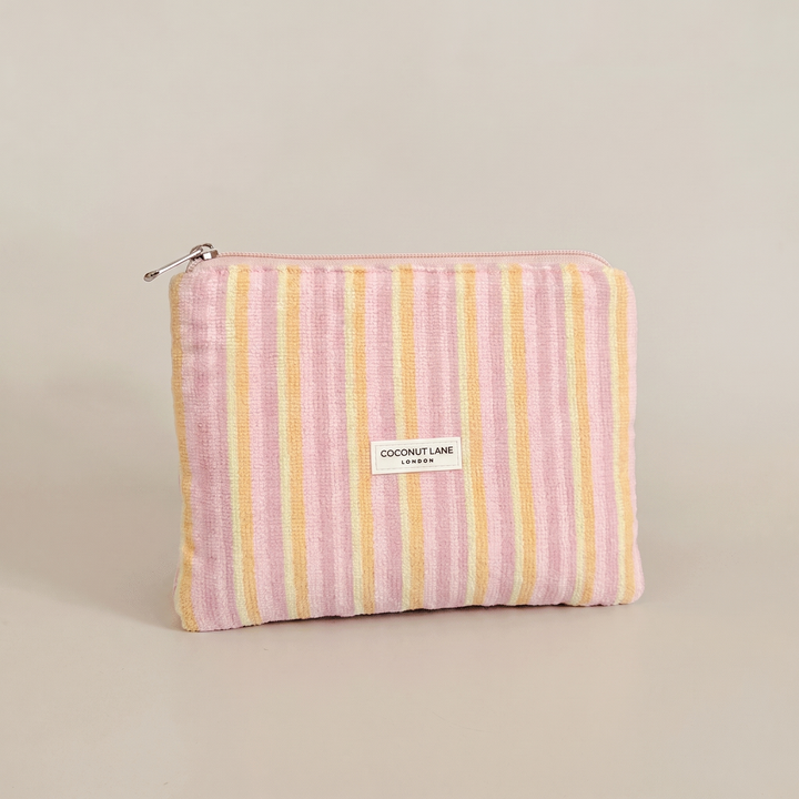 Pink, orange and yellow stripe small Pouch with zip closure.
