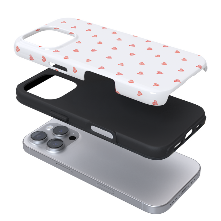 Expanded view of a phone case with a pink heart pattern on a white background