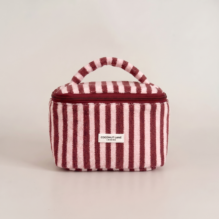 Burgundy and pale pink stripe small Vanity Bag with zip closure and padded handle.