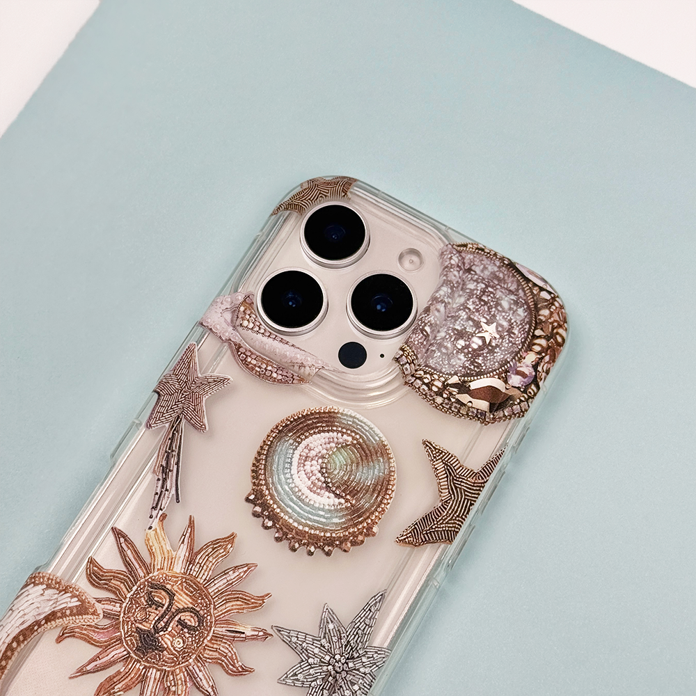 Phone Case with celestial design on a light blue background.