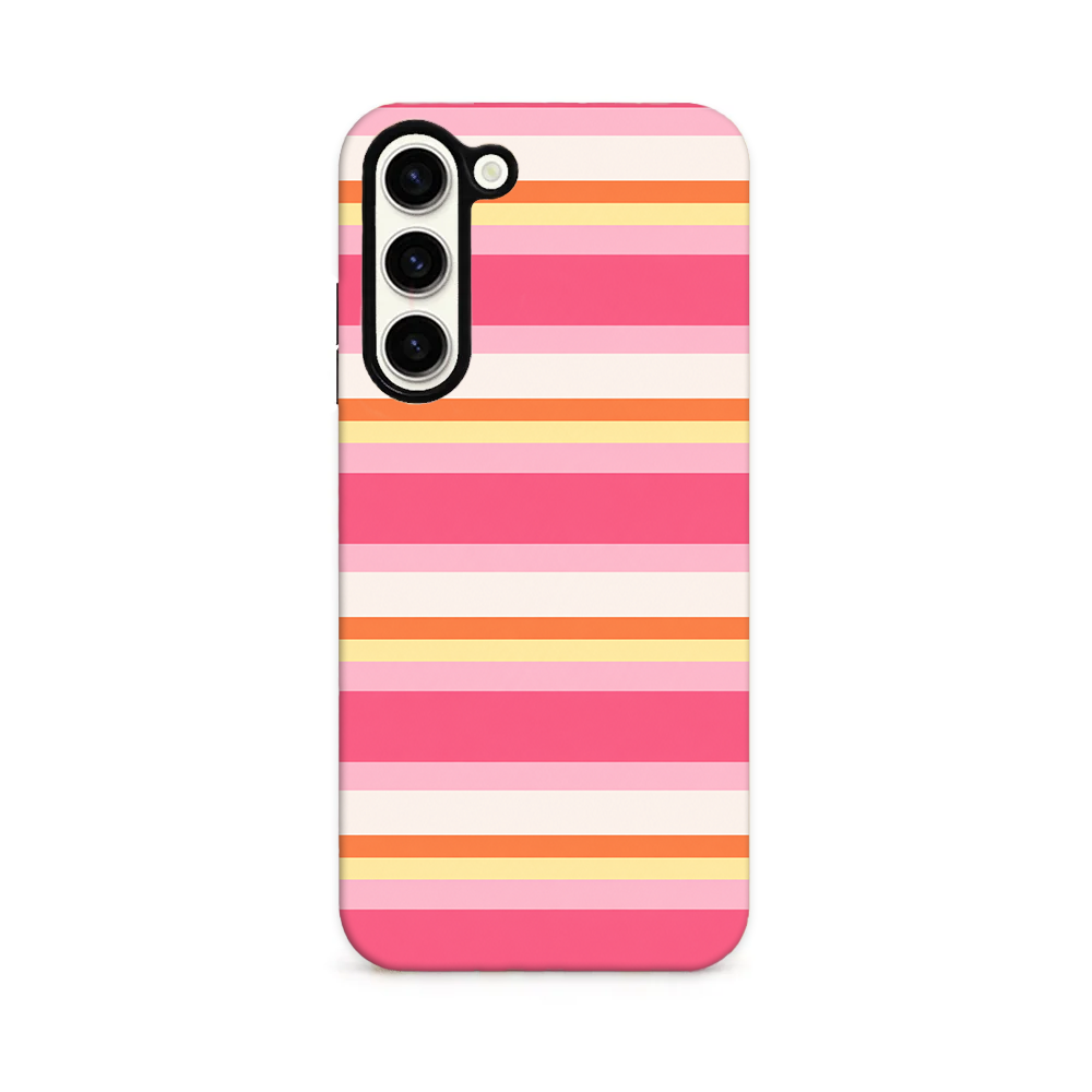 Pink, yellow, orange and white horizontal stripes of various thicknesses.