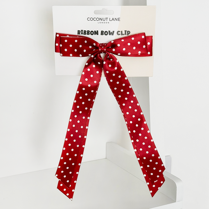 Ribbon Bow Clip - Burgundy Polka Dot