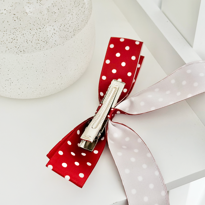 Ribbon Bow Clip - Burgundy Polka Dot