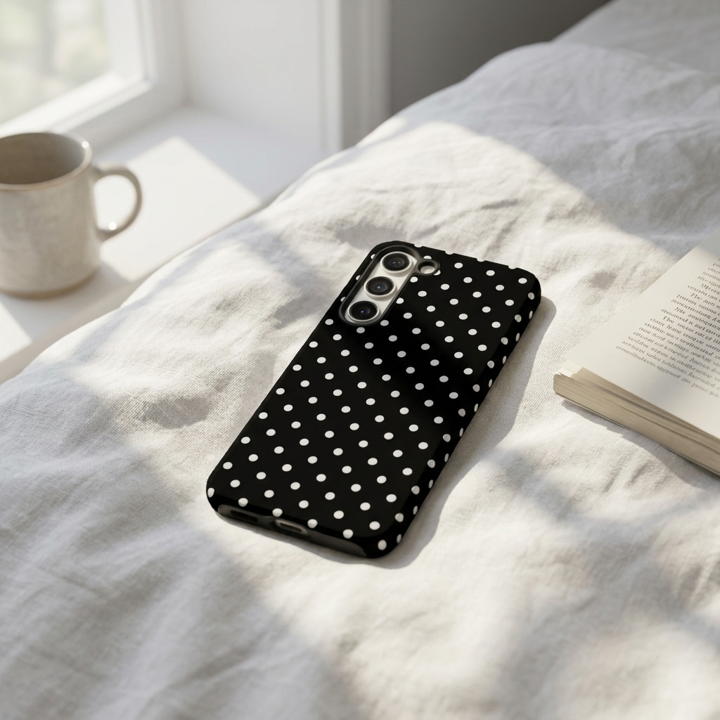 Phone case with white polka dots on a bed with a cup and book