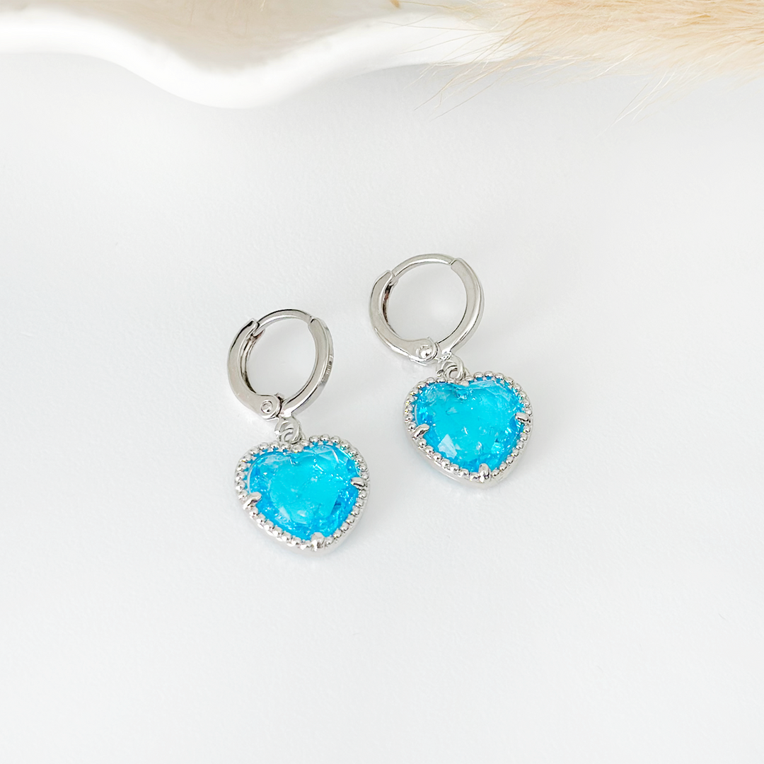 Crystal Heart Huggie Hoop Earrings - Blue