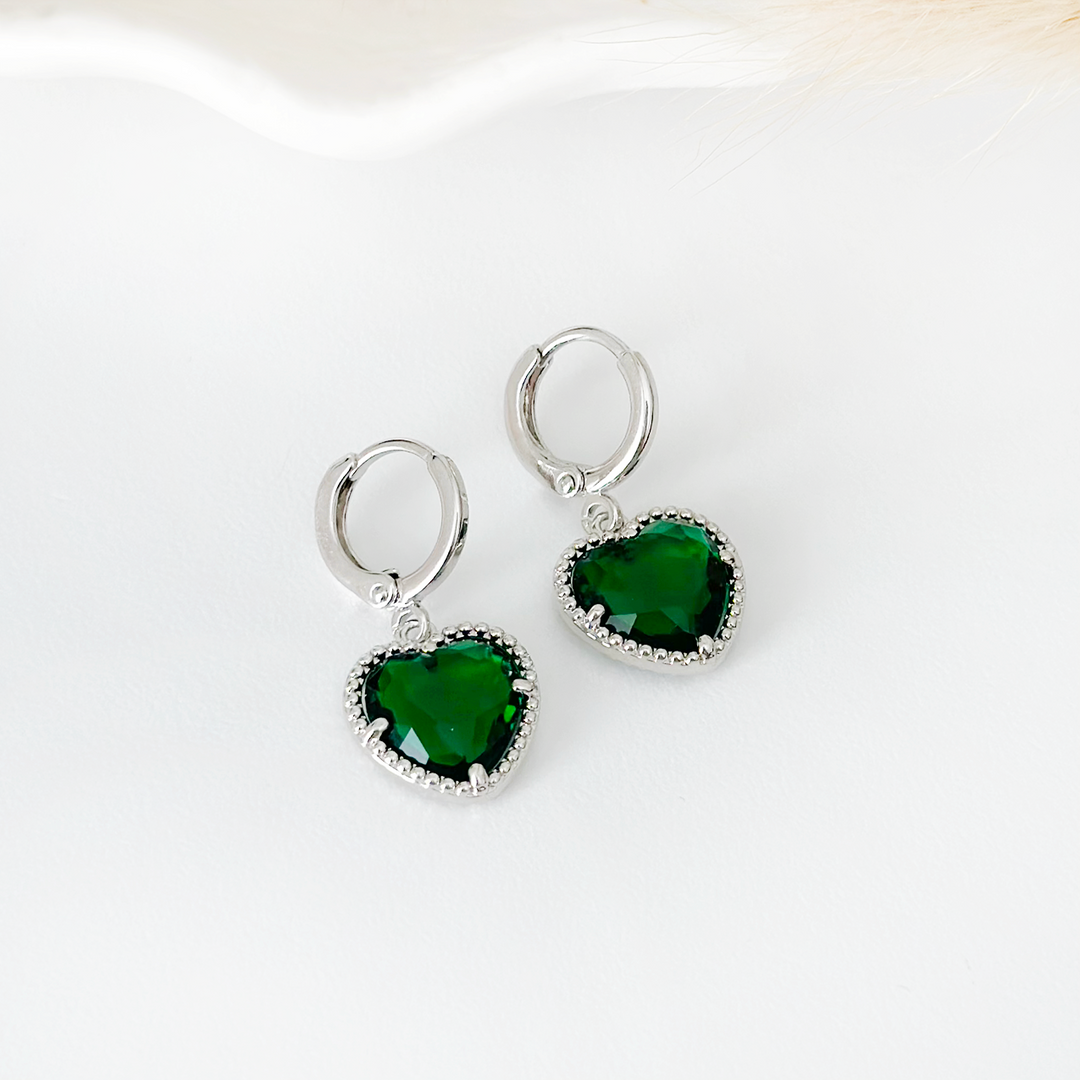 Crystal Heart Huggie Hoop Earrings - Green