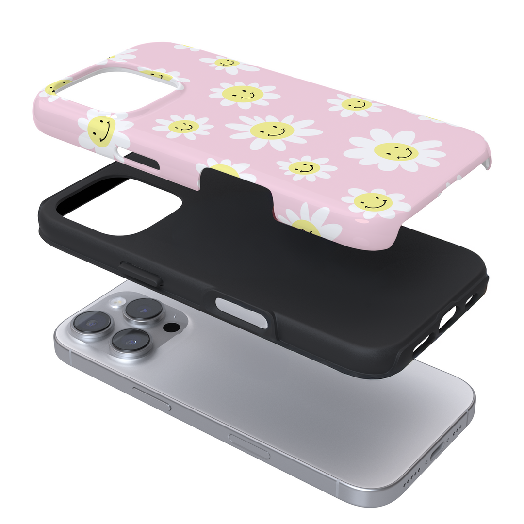 Expanded view of a phone case with a smiling daisy print on a white background