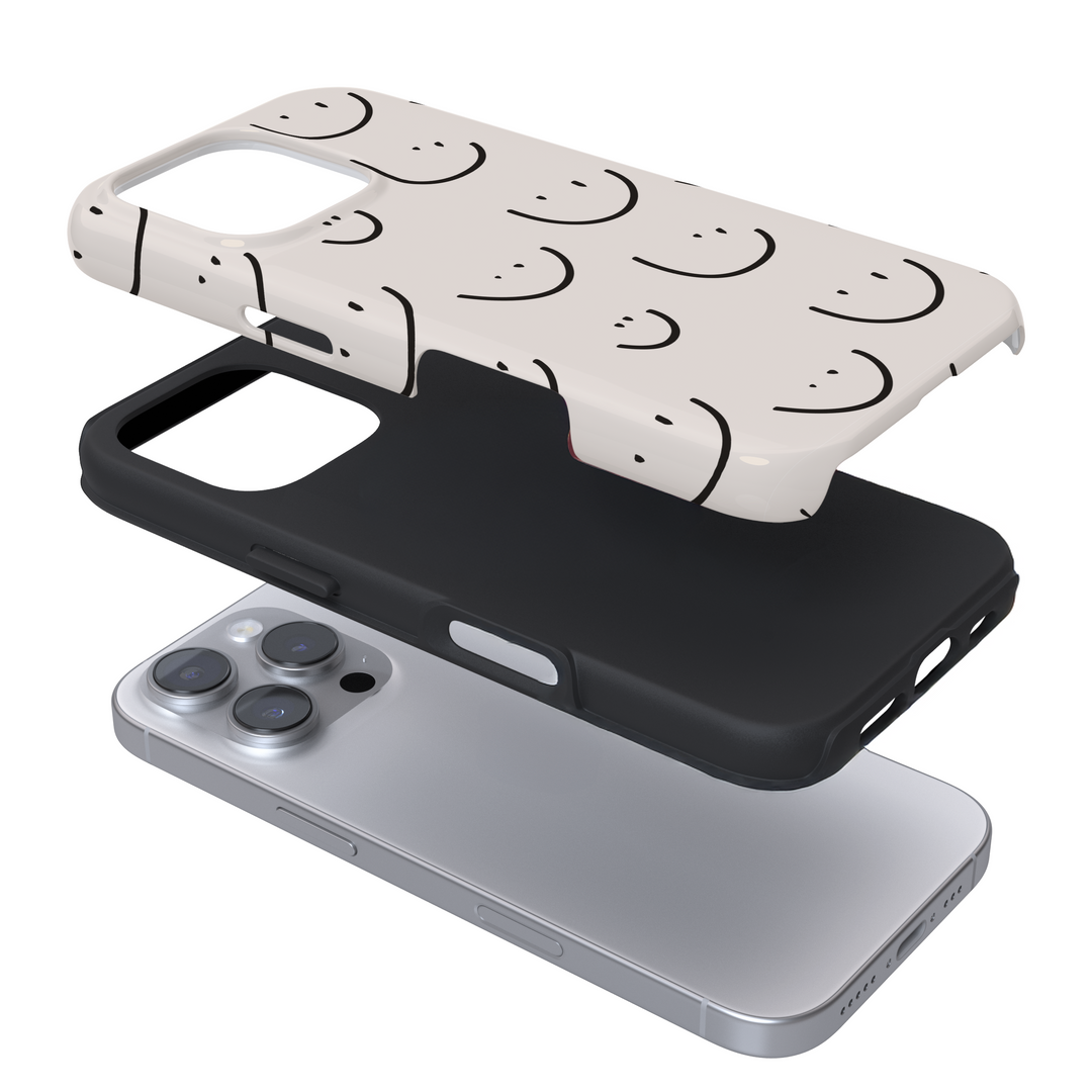 Expanded view of a phone case with a smiley doodle design on a white background