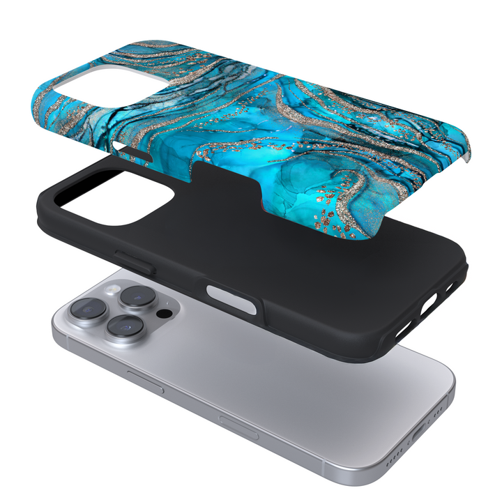 Expanded view of a phone case with a marbled turquoise and gold crystal design on a white background