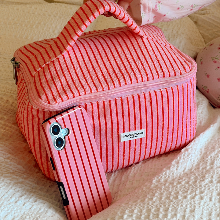 Cherry Stripes Phone Case and Cherry Stripes Vanity Case in bed
