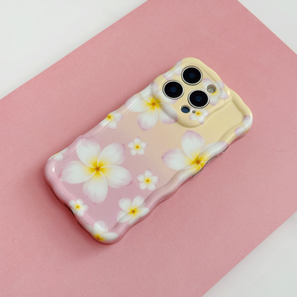 Pink and yellow ombre Wavy Coconut Lane Phone Case with white hibiscus flower design.