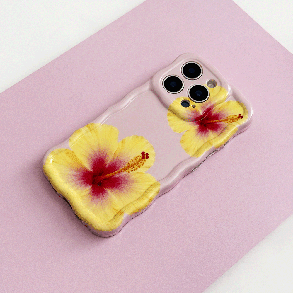 Pink Wavy Coconut Lane Phone Case with yellow hibiscus flower design.