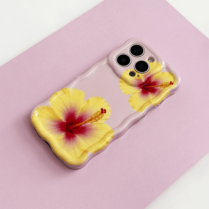 Pink Wavy Coconut Lane Phone Case with yellow hibiscus flower design.