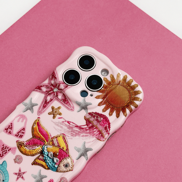 Pink Wavy Phone Case with sun, fish, starfish, and dolphin illustrations.